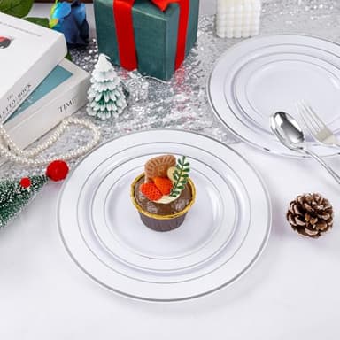 GATHER 700PCS Silver Plastic Plates - Silver Plate Set 100Guest - Disposable Dinnerware Sets 100Silver Rim Dinner Plates 100Silver Dessert Plate 100Paper Napkins&Cups&silver Plastic Silverware Set - Image 5