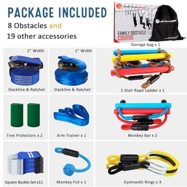 Ninja Warrior Obstacle Course for Kids, 2×56ft Slackline Kit with 8 Ninja Accessories - Monkey Bar, Rope Ladder, Gymnastic Ring, Arm Trainer and Monkey Fist - Image 7