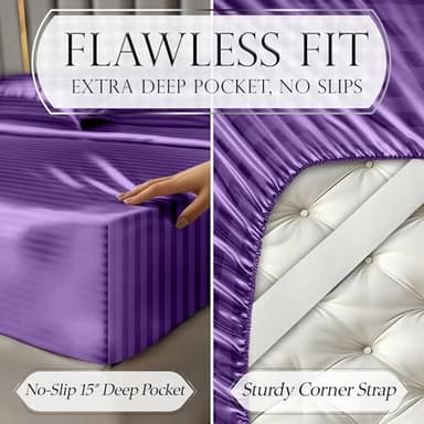 DECOLURE Satin Bed Sheets - 4 Piece Luxury Silky King Size Bedding Set - Softer Than Silk, Wrinkle-Free with 15” Deep Pocket Fitted Sheet, Perfect for Hair & Skin, Gifts for Women (Striped Purple) - Image 5