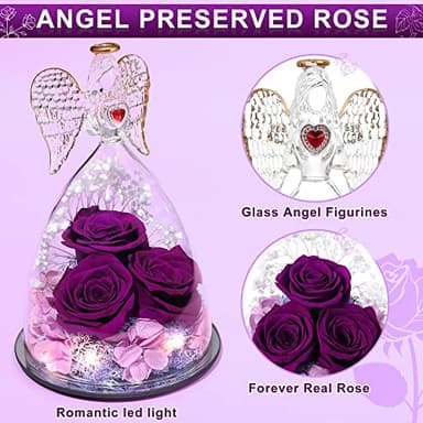 Tiaronics Mothers Day Rose Gifts for Women, Large Angel Figurines with Real Roses, Preserved Real Flower Rose for Her - Purple - Image 4