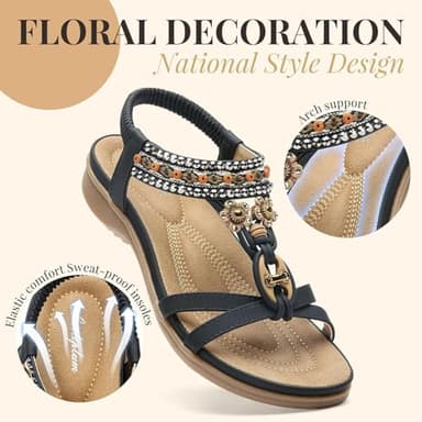 Littleplum Womens Sandals Arch Support Bohemian T-Strap Flower Rhinestone Sandals Women's Non Slip Summer Beach Flat Sandals Black Size 8.5 - Image 3