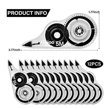 Unjoo White Correction Tape, Easy To Use Applicator for Instant Corrections Wrong Writing At Any Time, For school, Office (12pack, 5M/196" x 0.2", Black) - Image 2