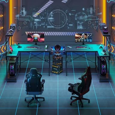 Bestier 42 L Gaming Desk,Computer Desk with Power Outlets, LED Lights, Reversible Corner Desk with 4-Tier Shelves,Cup Holder & Hook Carbon Fiber Black - Image 4