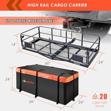 MeeFar High Rail Trailer Folding Hitch Mount Cargo Carrier Basket 60" X 24" X 14"+Waterproof Cargo Bag 20 cu ft(59" 24" 24"), Capacity of 500 Lbs with Hitch Stabilizer, Net, Lock and Straps - Image 2