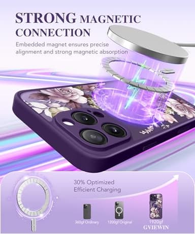 GVIEWIN for iPhone 16 Pro Case Compatible with MagSafe, [Military Grade Protection] [2X Screen Protector] Full Camera Protection Floral Translucent Women Magnetic Phone Case, Cherry Blossoms/D. Purple - Image 4