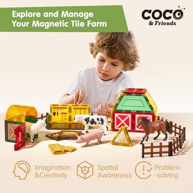 COCO&Friends Magnetic Tiles Farm Animals for Toddlers Kids Ages 3-8 - 45 PCS Magnetic Blocks with Fence Building Toys for 3 Year Old Girl Boy Birthday Gift - Montessori Educational Magnet Toys - Image 2