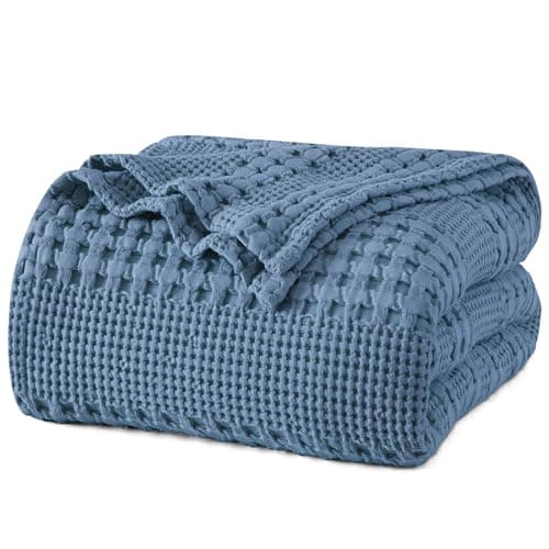 PHF 100% Cotton Waffle Weave Blanket Queen Size for Bed, Soft Lightweight & Breathable, All-Season Comfort, Luxury Aesthetic Woven Bedding for Home Decor, 90"x90", Captain's Blue - Image 1