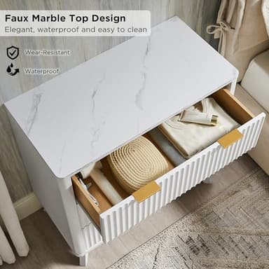 T4TREAM 32" Tall Fluted Nightstand Set of 2, Modern Side Table with Faux Marble Top, 3 Drawers End Table w/Storage, Bedside Table for Bedroom, Living Room, Curved Profile Design, Solid White - Image 4