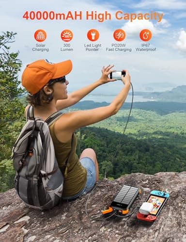 MINRISE Solar Charger Power Bank, 40000mAh Portable Charger PD 20W Fast Charging Solar Power Bank Built in 4 Cables and USB-C in/Output, Camping Essentials External Battery Pack with Flashlights - Image 2