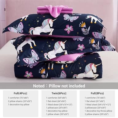 Mooreeke Kids Comforter Bed Set Full Size for s Girls, 8 Pieces Bed in a Bag with Shams, Sheet Set, Purple Pink Unicorn Full Soft Microfiber Kids Comforter Bedding Set - Image 5