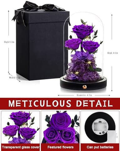 Agrul Flowers Roses Gifts for Mom,Forever Real Preserved Roses in Glass Dome,Mothers Day for Wife Girlfriend Women Best Friend Grandma/Purple Rose - Image 3