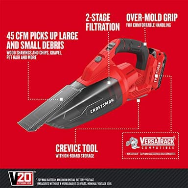 Craftsman V20 Cordless Hand Vacuum, 45 CFM, 2 Stage Filtration System with Filter, Battery and Charger Included (CMCVH001C1) - Image 3