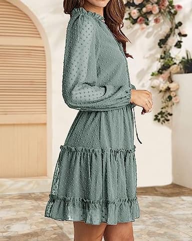 BTFBM Long Sleeve Fall Dresses for Women 2025 Summer Casual Tie Neck Ruffle Tiered A Line Wedding Guest Short Mini Dress(Dot Green, Medium) - Image 4