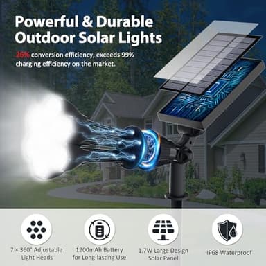 Solar Lights Outdoor Waterproof IP68, 360° Adjustable 4 Modes Solar Powered Spot Lights for Yard Garden Landscape, Bright Led Flood Lightings for Outside Wall Tree House Pathway (Cold White/2 Pack) - Image 2
