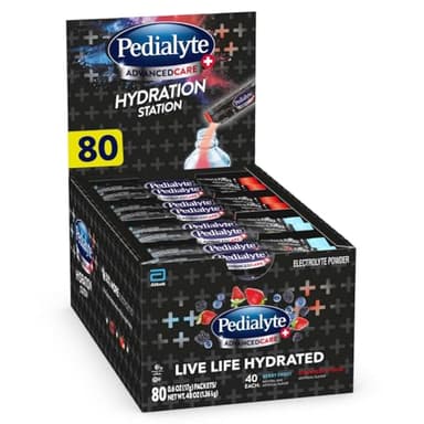 Pedialyte AdvancedCare Plus Electrolyte Powder, Has 33% More Electrolytes and PreActiv Prebiotics, Hydration Station Variety, 80 Powder Packets - Image 1