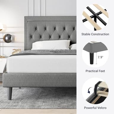 Allewie Queen Size Upholstered Platform Bed Frame with Adjustable Headboard, Button Tufted, Wood Slat Support, Easy Assembly, Light Grey - Image 5