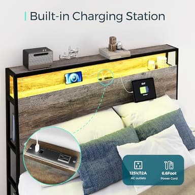 LINSY Queen Bed Frame with Ergonomic Headboard, Platform Metal Bed Frame with RGB Lights, Outlets & Charger, 45 Minutes Fast Assembly Bed Queen Size with Storage, No Box Spring Needed, Greige - Image 5