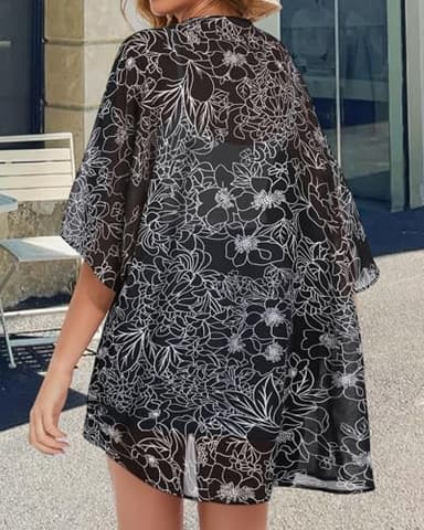 Womens Floral Kimono Cardigans Loose Puff Sleeve Casual Beach Coverups Tops (Black Brief Flowers,2XL) - Image 6