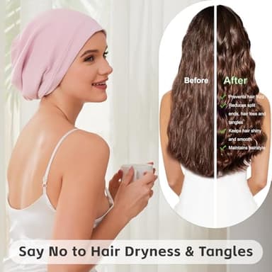 Silk Bonnet for Sleeping Women, Adjustable Silky Satin Lined Sleep Cap, Silk Hair Wrap for Sleep Night Cap for Natural Curly Hair 2PCS(Black&Pink) - Image 5