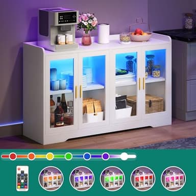 YITAHOME Home Bar Cabinet w/LED Light, 55" Liquor Cabinet with 4 Doors, Coffee Bar Cabinet with Adjustable Shelves, Wine Cabinet for Kitchen, Living Room, White - Image 3