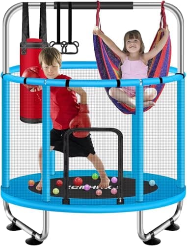 ZCMHAXJ 55" Trampoline for Kids with Enclosure, 440lbs Capacity Indoor & Outdoor Toddler Trampoline with Adjustable Gymnastics Bar & Toys, Gifts for Boys & Girls - Image 1