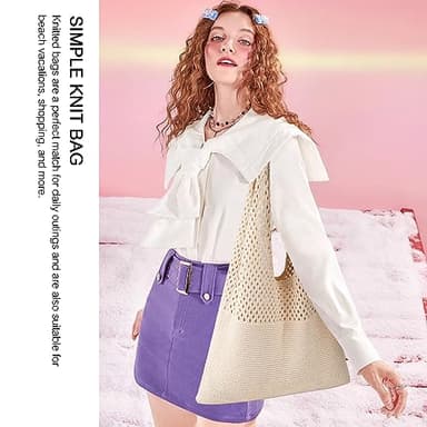 Crochet Tote Bag For Women, Crochet Mesh Beach Tote Bag Summer Vacation Aesthetic Boho Knit Bag for Women (Beige) - Image 3