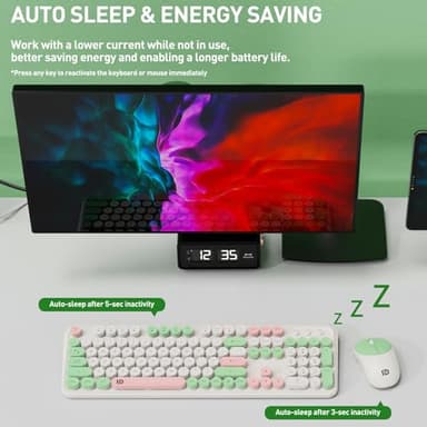 FD 2.4GHz Wireless Keyboard and Mouse Set with Switch Button - Full-Size Keyboard - Compatible for Windows/Laptop/PC/Notebook/Smart TV and More - Milky White Green Colorful - Image 4