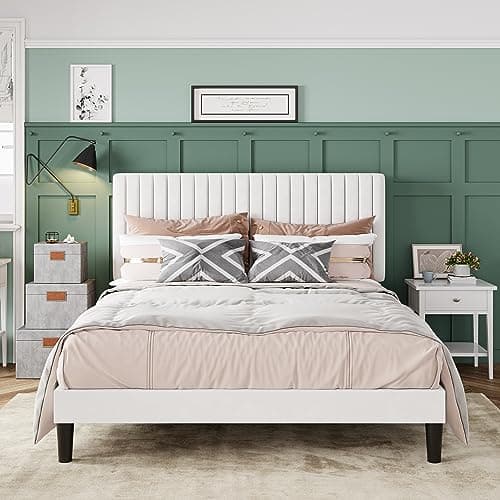 Allewie Queen Bed Frame, Velvet Upholstered Platform Bed with Adjustable Vertical Channel Tufted Headboard, Mattress Foundation with Strong Wooden Slats, Box Spring Optional, Easy Assembly, White - Image 1
