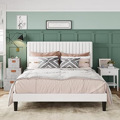 Allewie Queen Bed Frame, Velvet Upholstered Platform Bed with Adjustable Vertical Channel Tufted Headboard, Mattress Foundation with Strong Wooden Slats, Box Spring Optional, Easy Assembly, White - Image 1
