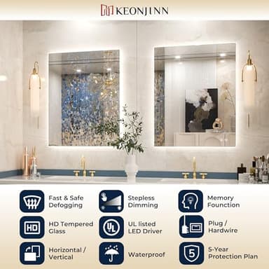 Keonjinn Backlit Mirror Bathroom 48” x 30”, Anti-Fog Mirror with Lights, CRI90+ HD Tempered Glass, Waterproof, UL Listed, Stepless Dimmable LED Mirrors for Bathroom, High Lumen, 6000K Bright - Image 5