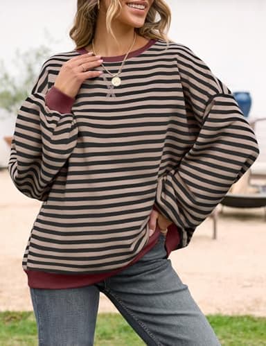 UEU Womens Oversized Crewneck Sweatshirt Striped Color Block Shirt Long Sleeve Pullover Sweaters Black Coffee Large - Image 2