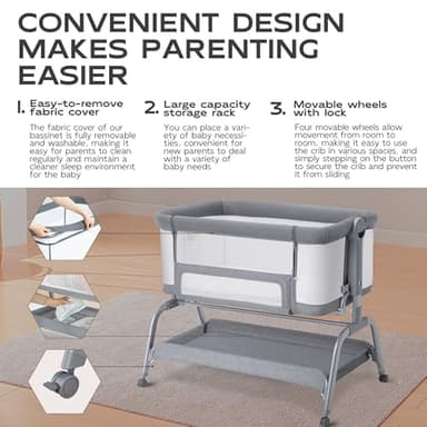 BabyBond Baby Bassinet, 3 in 1 Bassinet Bedside Sleeper with Washable Soft Mattress and Sheet, 6 Height Adjustable Bedside Crib, 4-Sided Mesh Bedside Bassinet for Baby - Image 3