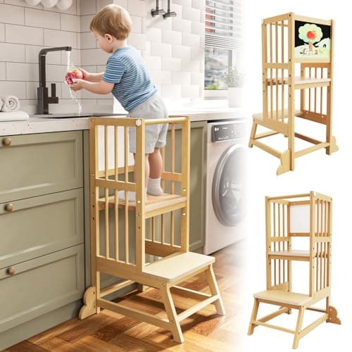Toddler Tower, Kids Kitchen Step Stool with Safety Rails, Toddler Standing Tower Adjustable Height, Wooden Kitchen Stool for Kids, for Living Room Countertops and Bathroom Sinks(Natural) - Image 1
