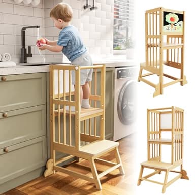Toddler Tower, Kids Kitchen Step Stool with Safety Rails, Toddler Standing Tower Adjustable Height, Wooden Kitchen Stool for Kids, for Living Room Countertops and Bathroom Sinks(Natural) - Image 1