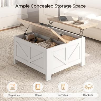 Yaheetech Farmhouse Lift Top Coffee Table with Storage, Square Coffee Table for Living Room, 31.5 Inches Center Tables with Large Hidden Storage Compartment for Home Office, White & Light Oak - Image 5
