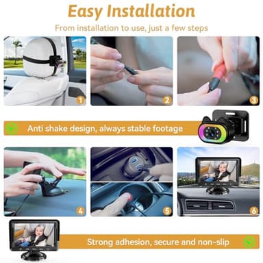 Baby Car Camera HD 1080P - 150° Wide Angle, Night Vision, Adjustable View, LED Lights, Easy Installation, Infant Safety, Rear Seat Monitoring for Car Travel - Image 3