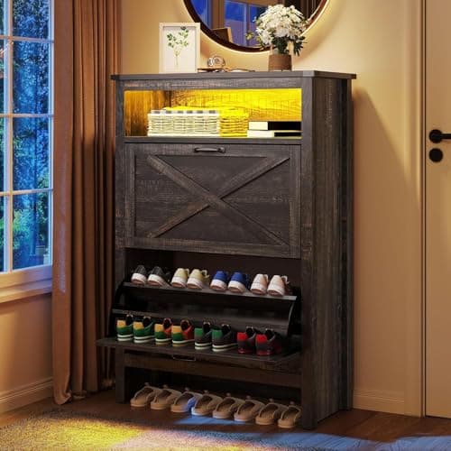 YITAHOME Shoe Cabinet, Entryway Shoe Storage Cabinets with Open Shelves and Led Light, Free Standing Hidden Shoe Rack Organizer with 2 Flip Drawers for Entryway/Hallway/Closet, Dark Rustic Oak - Image 1