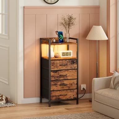 Furnulem Night Stand with Charging Station and Led Light, 4 Drawer Dresser for Bedroom, Small Nightstand Bedside Table, Fabric Bins, Metal Frame, Wood Shelf, Side Furniture(Rustic Brown) - Image 6