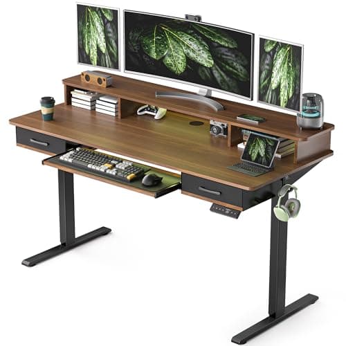 WALKINGDESK 63 Inches Electric Standing Desk with Keyboard Tray, Height Adjustable Sit to Stand Table with 2 Drawers, Ergonomic Home Office Desk with Storage Shelf, Computer Table, Black Walnut - Image 1