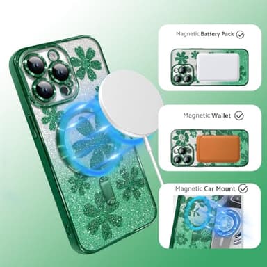 Illians Phone Cover Case Fit for iPhone 14 Pro Max Green | Compatible with MagSafe, Glitter Case, with Camera Protector, 2 Pieces of Flowers Floral Design, Soft, Shockproof, Anti-Scratch, for Women - Image 3