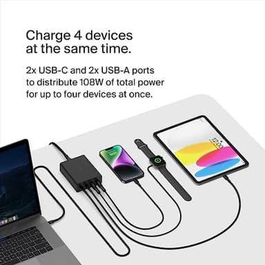 Belkin Charger Station 108W GaN - 2X USB-C and 2X USB-A Ports - Fast Desktop Charger Dock Hub for iPhone 17, Air, Pro, Apple Watch, iPad, MacBook, Samsung Galaxy S25, Nintendo Switch 2 - Black - Image 4