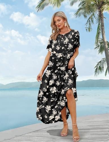 YESNO Women Casual Loose Bohemian Floral Dress with Pockets Short Sleeve Long Maxi Summer Beach Swing Dress L EJF CR346 - Image 3