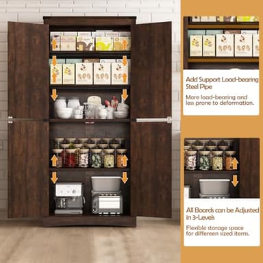 Hlivelood 71" Tall Kitchen Pantry,Farmhouse Storage Cabinet with Adjustable Shelves,Load-Bearing Steel Pipe,Farmhouse Pantry Cabinet with 4 Barn Doors, for Kitchen,Dining Room,Living Room(Brown) - Image 3