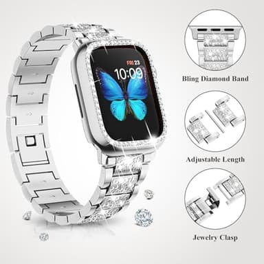 SUPOIX Compatible with Apple Watch Band 45mm + Case, Women Jewelry Bling Diamond Metal Bands & 2 Pack Protective Cover Cases for iWatch Series 9/8/7(Silver) - Image 2