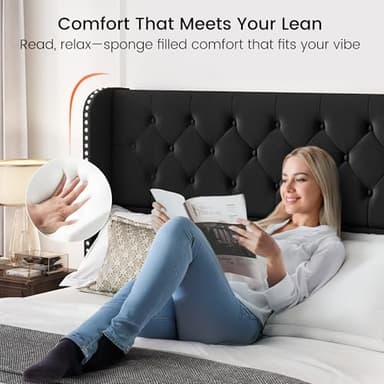 LARMACE King Size Bed Frame with 4 Storage Drawers and Tufted Headboard Velvet Upholstered Platform Bed Frame Wingback Beds with Wooden Slats Support, Easy Assembly, Black - Image 3