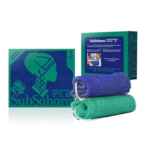 SubSahara Authentic African Net Sponge - 2 Pieces Exfoliating Scrubber for All Skin Types, Bath Sponge for Face & Body, Travel Portable, Durable, Gentle Exfoliation (Dark Blue & Forest Green) - Image 1