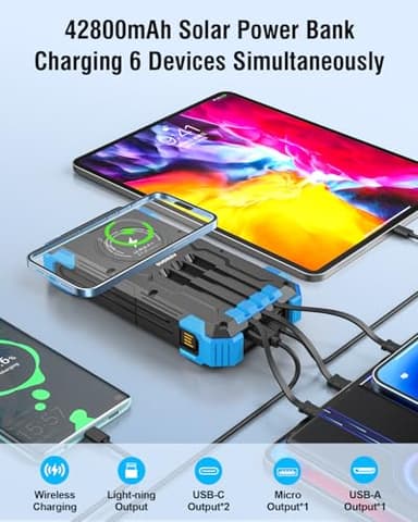 Sudrov Solar Charger Power Bank, 42800mAh Wireless Portable Charger with USB-C in/Output, QC3.0 Fast Charging 15W 4 Ports Outdoor Battery Pack Built-in Dual Led Flashlights for iPhone Samsung etc - Image 2