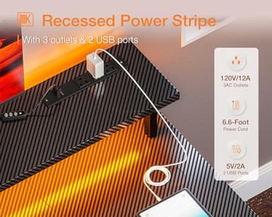 ODK 55 inch Computer Desk with Power Outlets & LED Lights, Gaming Desk with Monitor Stand & Storage Sheves, Home Office Desk, Carbon Fiber Black - Image 6