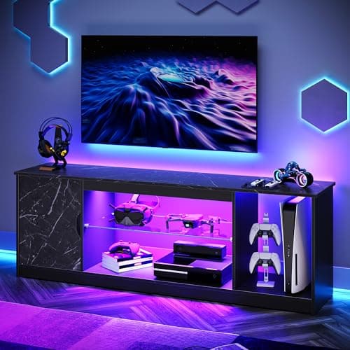 Bestier LED TV Stand for 55/60/65 Inch TV, Gaming Entertainment Center with Cabinet for PS5, Xbox,Modern TV Cabinet with Adjustable Glass Shelves for Living Room, Bedroom 57 Inch,Black Marble - Image 1