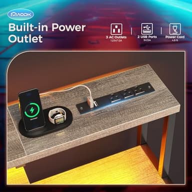 AODK Computer Desk, 48 Inch Gaming Desk with Led Lights & Power Outlet, Office Desk with Storage Shelves, Reversible Desk with Monitor Shelf & Headphone Hook, Grey Oak - Image 4
